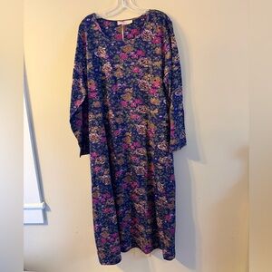 Women's Floral Long Sleeve Shift Dress - Navy with Pink & Green Floral